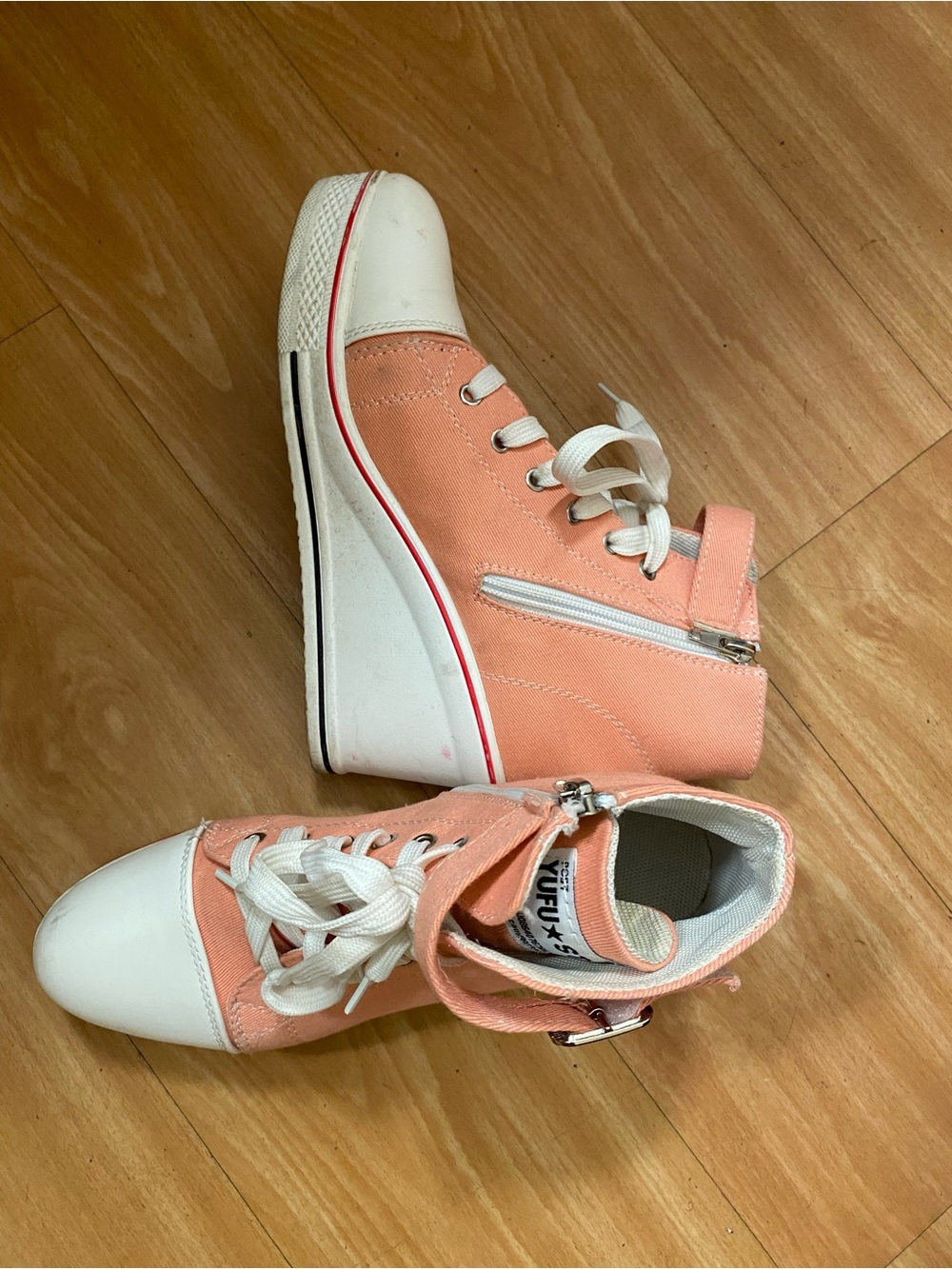 Peach Canvas High-Top Wedge Sneakers - Women